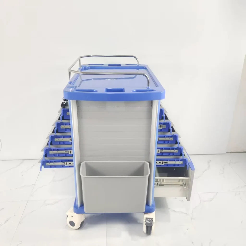Blue medical storage cart featuring multiple drawers and a bin, set against a plain background.