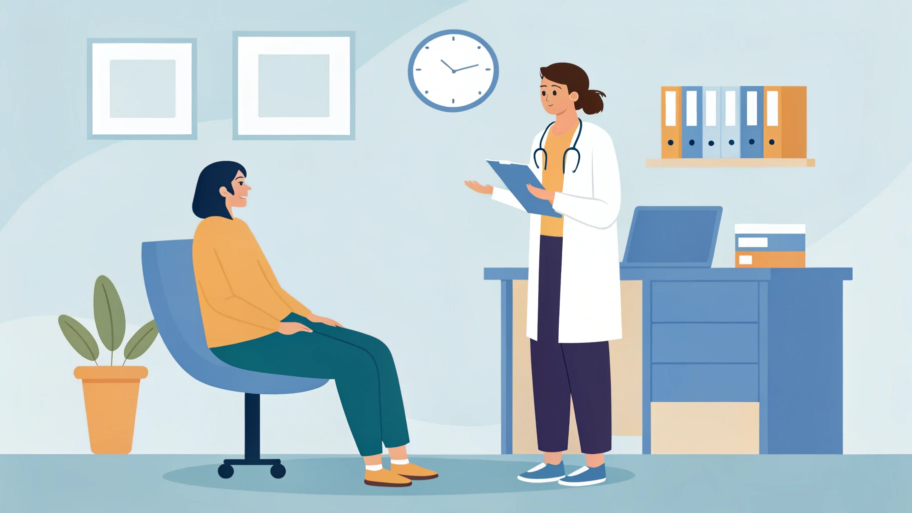 A patient talking with her doctor and taking notes