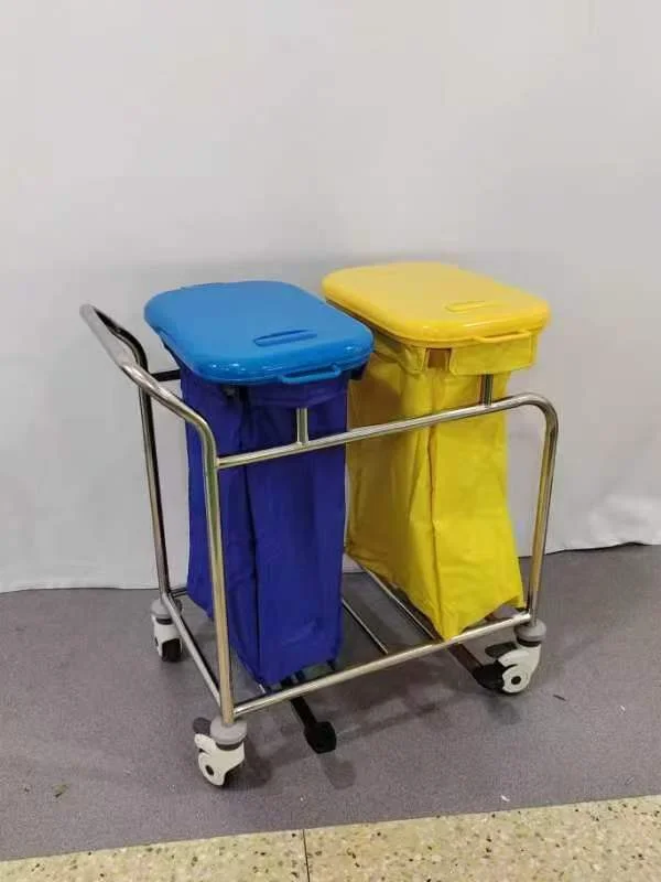 Dual-bin cleaning cart with blue and yellow bins, featuring wheels and metallic frame, placed indoors.