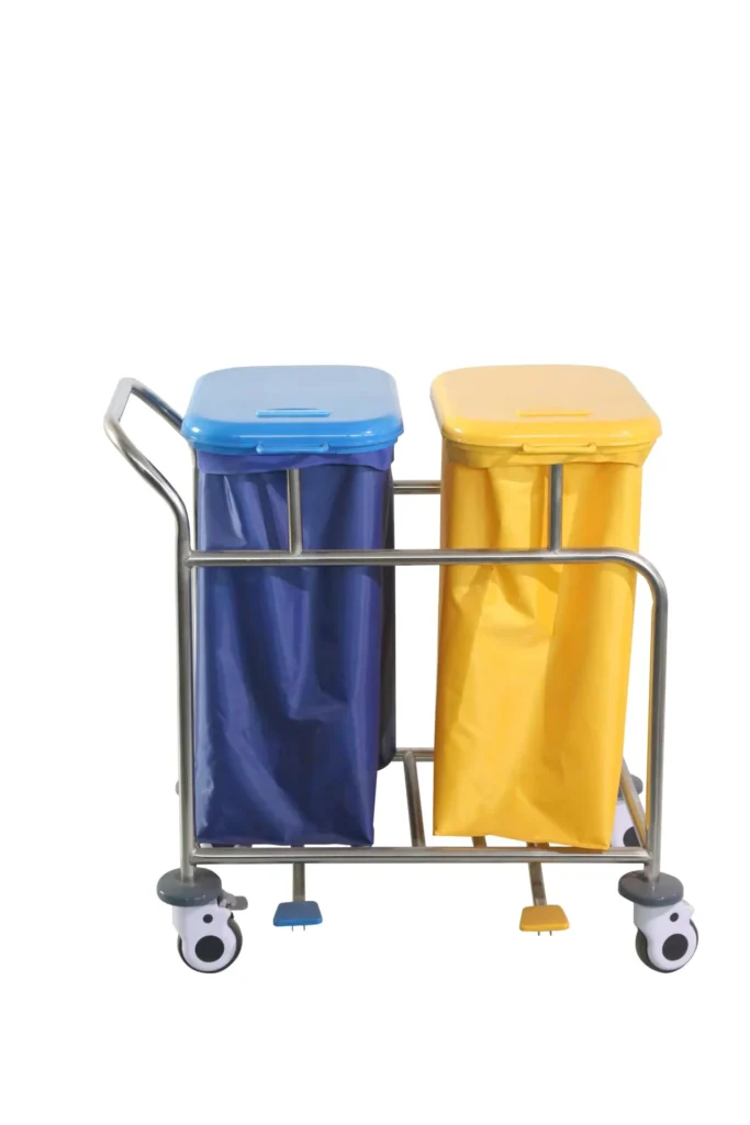 Cleaning cart with blue and yellow bins on wheels, featuring a metal frame and foot pedals.