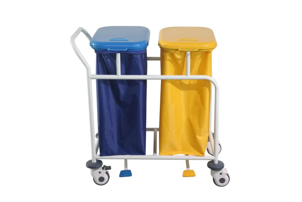 Laundry cart with two bins in blue and yellow, featuring wheels and foot pedals for mobility.