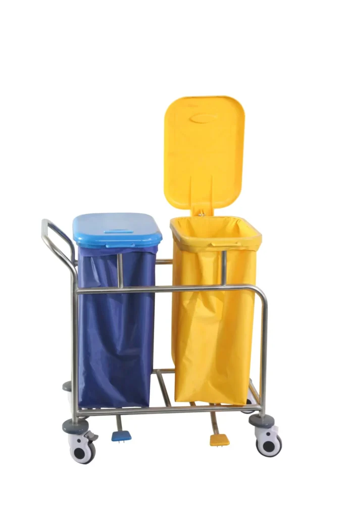 A dual compartment laundry cart with blue and yellow bags, featuring a metal frame and wheels, and a yellow lid open.