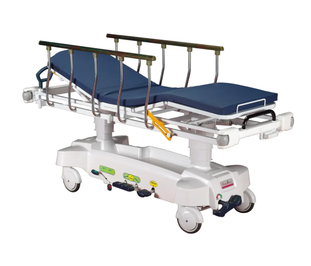 An adjustable hospital gurney with a blue mattress and side rails on a wheeled base, used for patient transport.