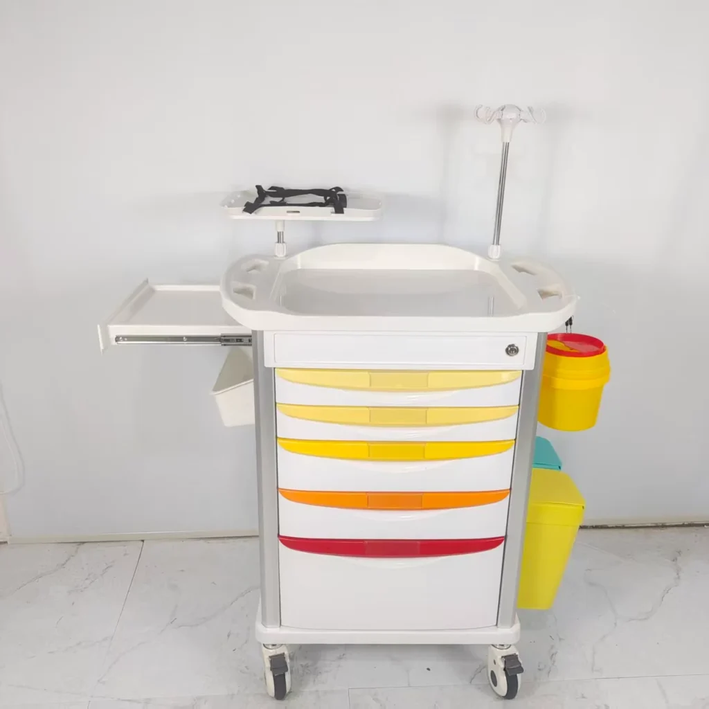 Color-coded hospital medical cart with multiple drawers, side tray, and bins designed for medical supplies and organization.