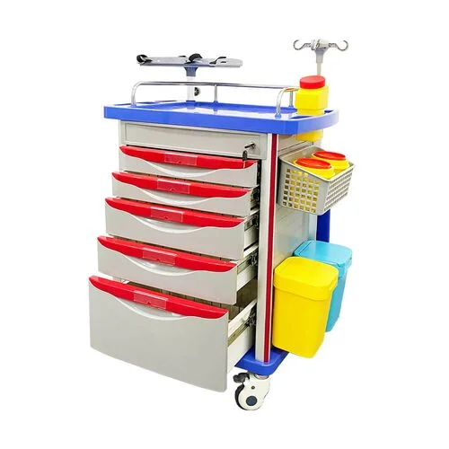A hospital medical storage cart with five drawers, IV pole, and waste bins, used for organizing medical supplies.