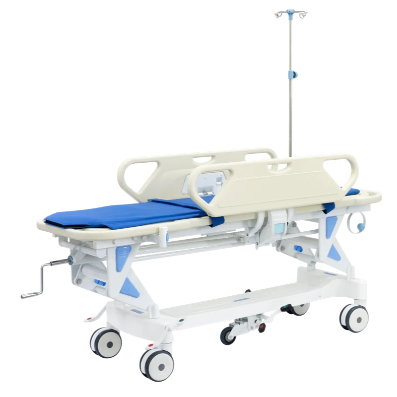 Adjustable hospital stretcher bed features a blue cushion and attached IV pole, designed for patient transport.
