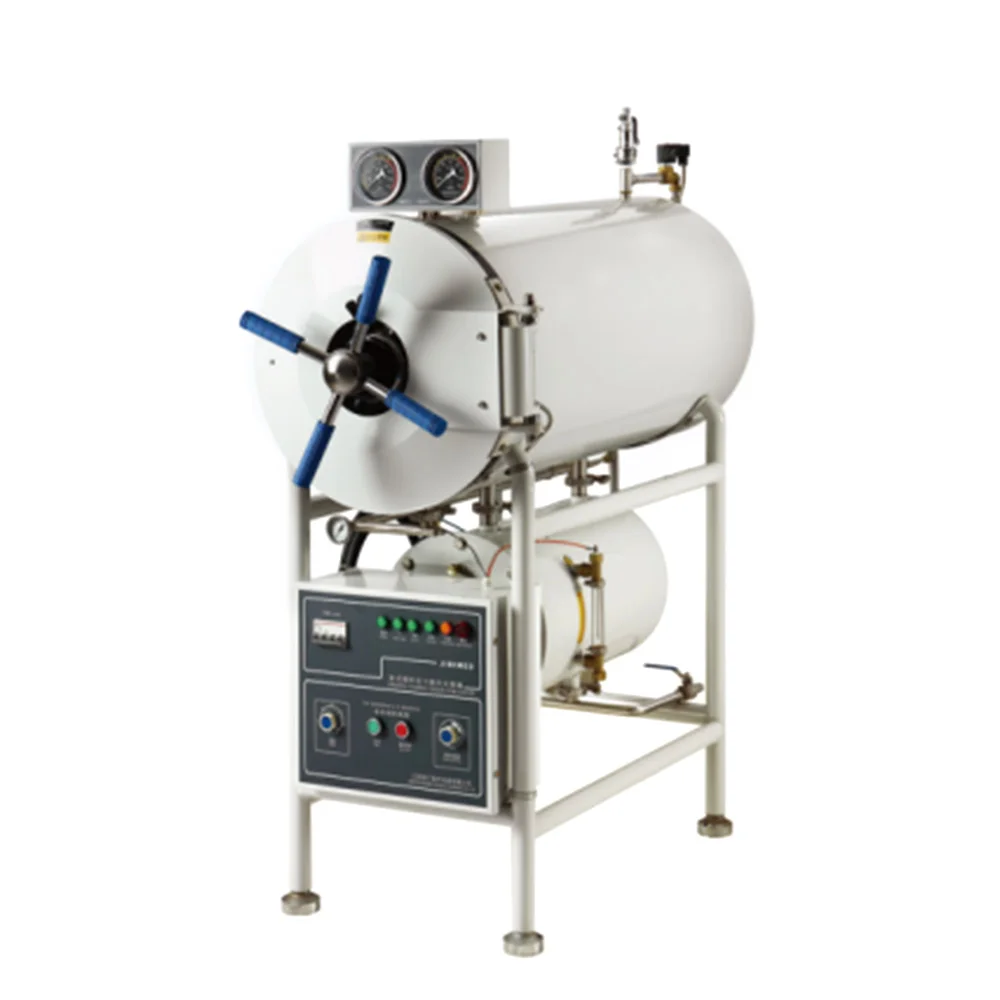 Large industrial autoclave machine with control panel and gauges, used for sterilizing equipment in laboratory or medical settings.