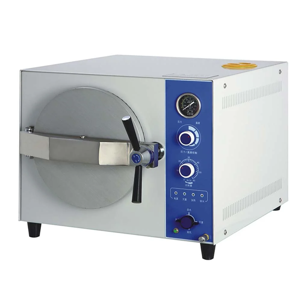 Laboratory autoclave machine featuring a control panel with knobs and gauges, used for sterilization purposes.