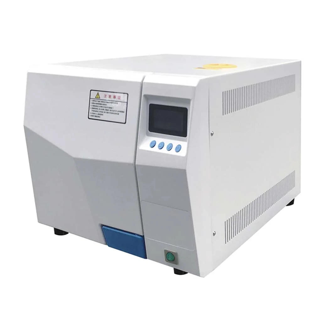 White laboratory sterilizer with vents on the side and a digital control panel featuring buttons, designed for lab use.