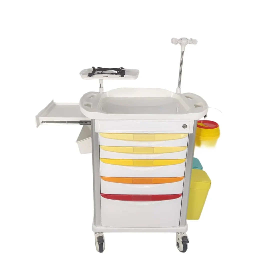 Medical emergency trolley with colorful drawers, wheels, and various compartments, featuring an IV pole and tray on top.
