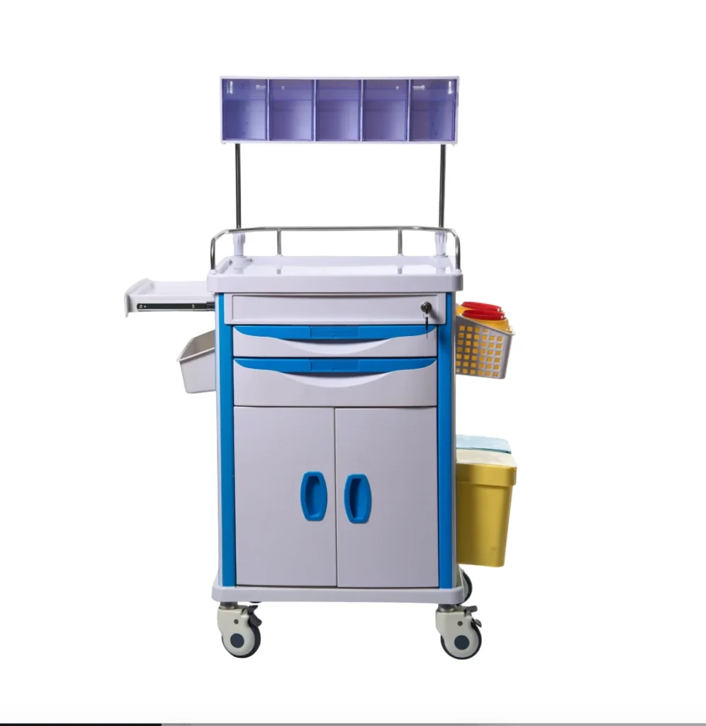 Front view of a medical equipment cart featuring blue accents, multiple drawers, a side basket, and upper compartments, on wheels.