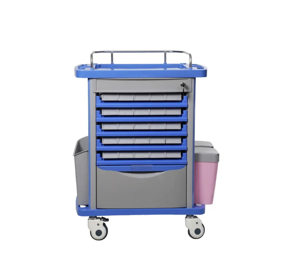 A medical equipment trolley with blue and grey drawers, attached bins, and wheels for mobility.