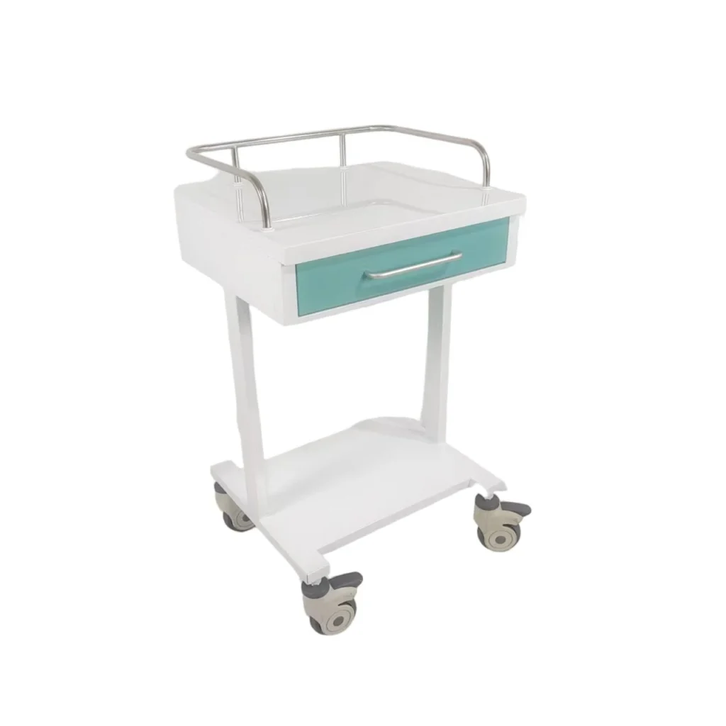White medical rolling cart with a teal drawer and four wheels on a white background.
