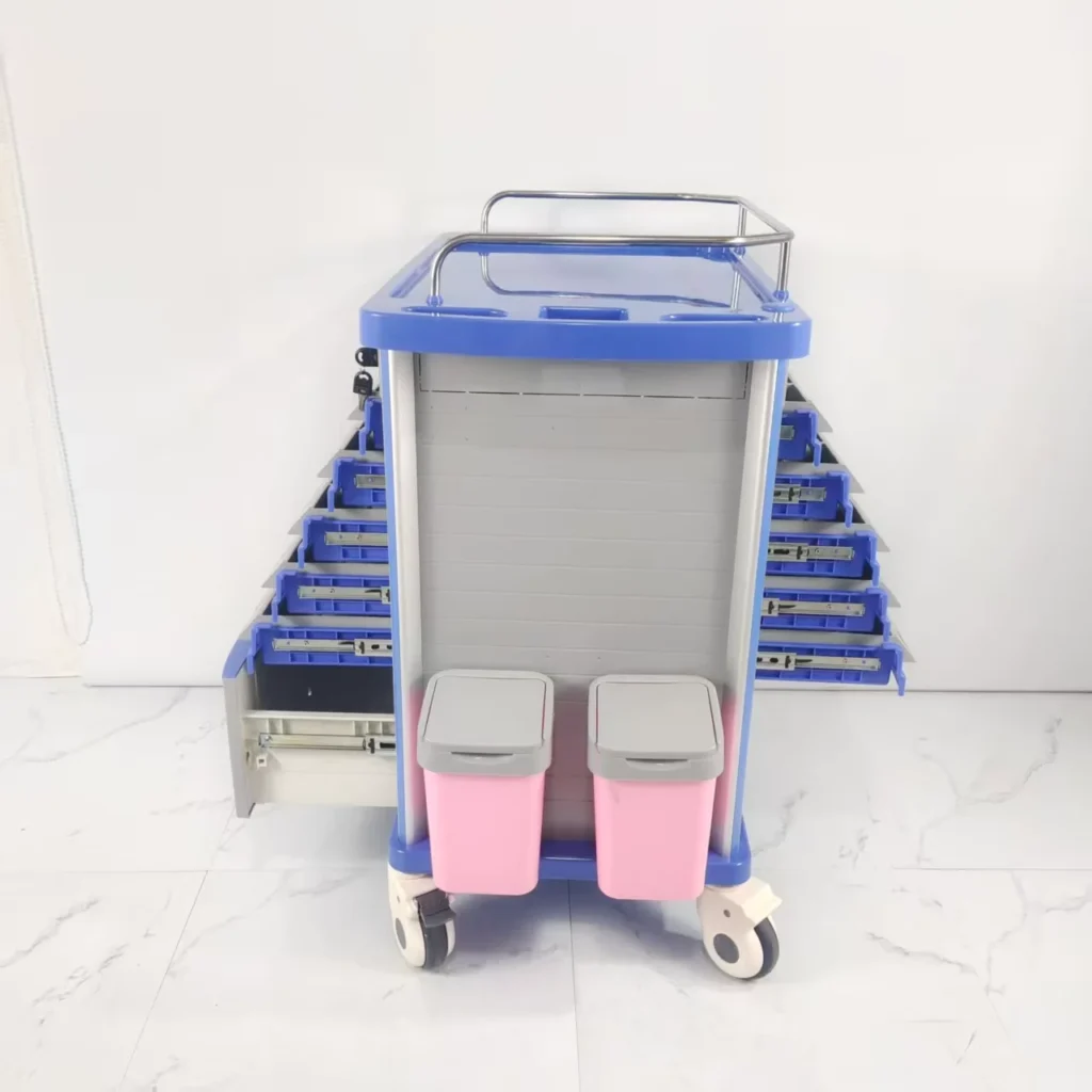 Medical storage cart with blue drawers and pink bins on wheels, designed for organized healthcare storage in clinical settings.