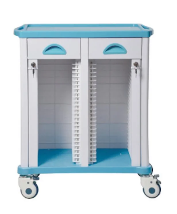 Medical storage trolley with two drawers and dual compartments, featuring a blue and white design on wheels.