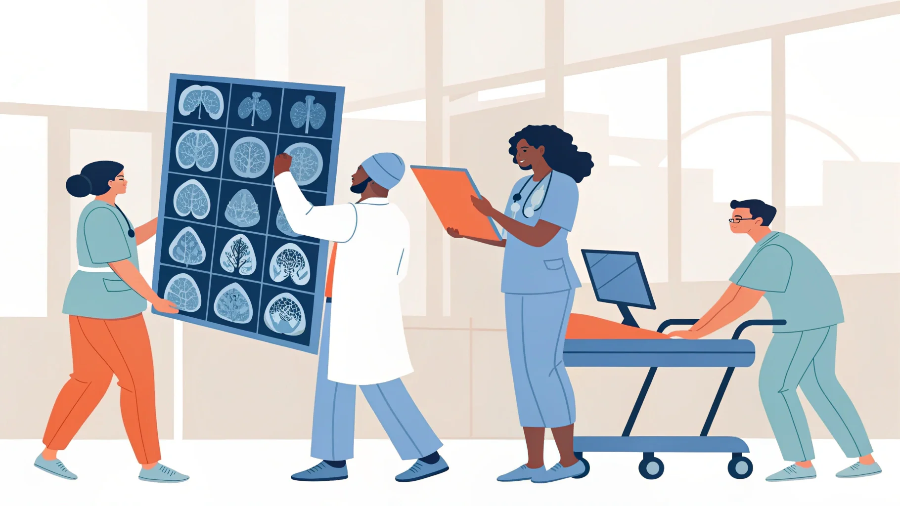 An ER doctor looking at a CT scan on a monitor