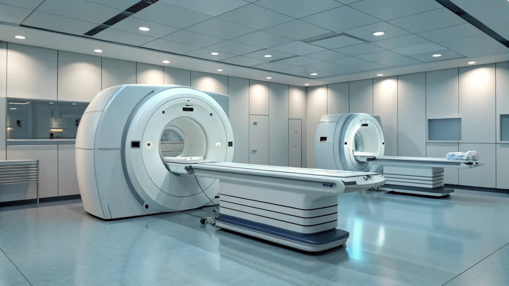 Two advanced MRI scanners in a hospital room with sleek design and bright lighting, showcasing modern medical technology.