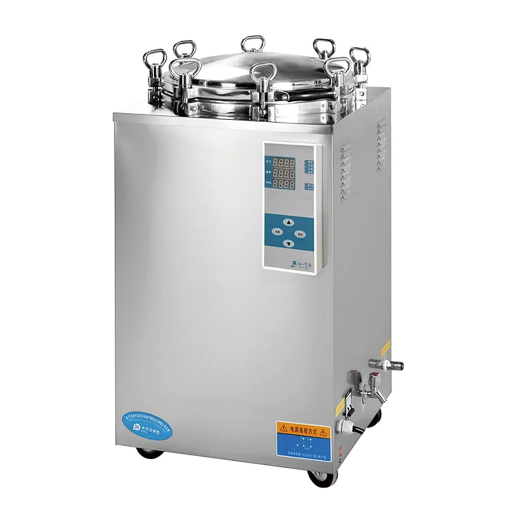 Stainless steel autoclave with a digital control panel and locking mechanism, used for sterilization processes.