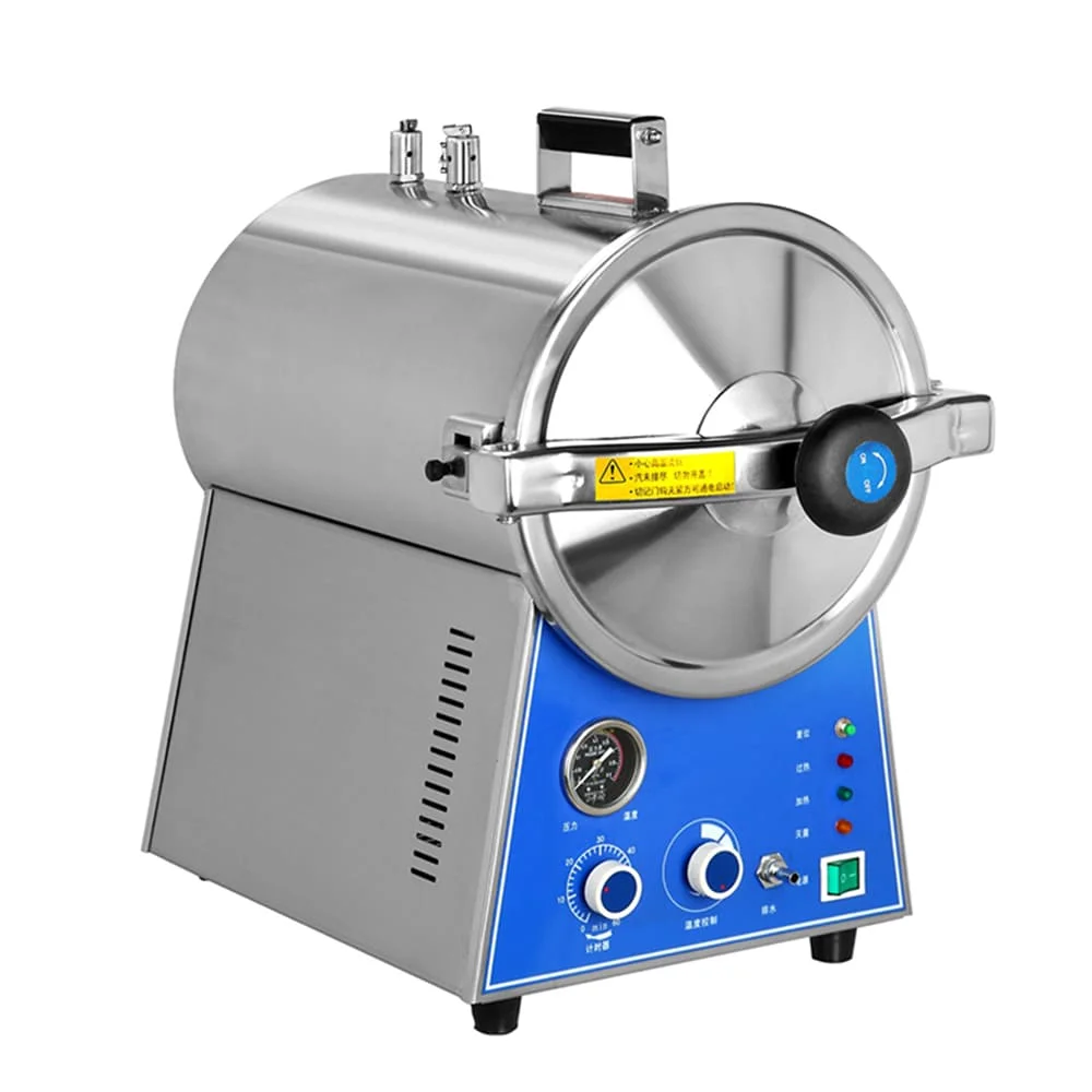 Stainless steel laboratory autoclave with blue control panel and dial indicators, designed for sterilization purposes.