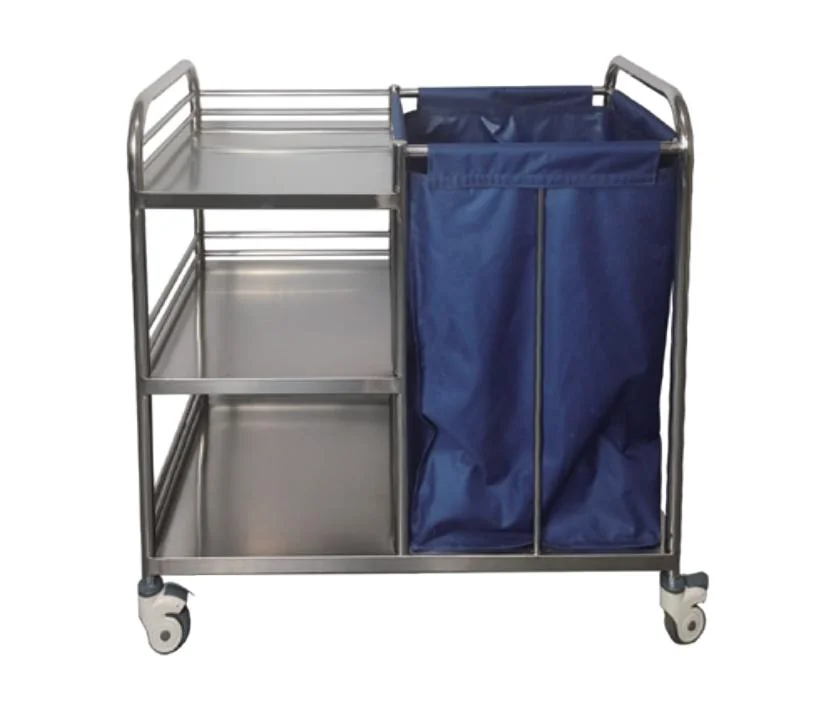 Stainless steel laundry cart with two shelves and a blue laundry bag, equipped with wheels for mobility.