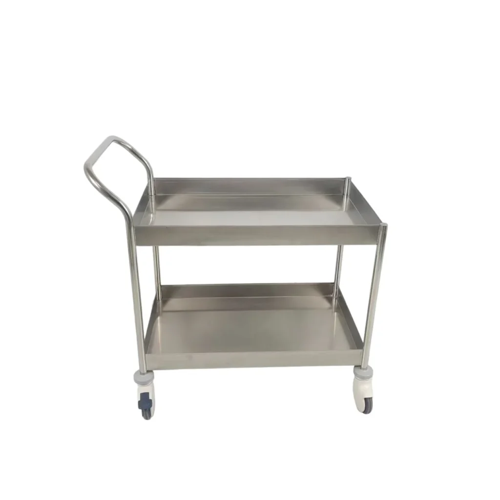 Two-tier stainless steel medical cart with handle and wheels on a white background.