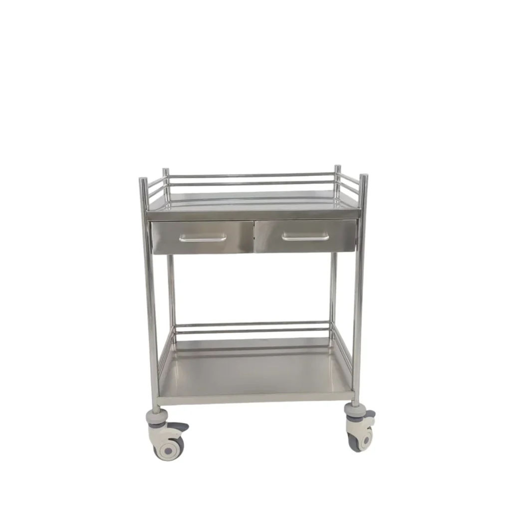 Stainless steel medical trolley featuring two drawers and wheels, designed for easy mobility and storage in medical settings.
