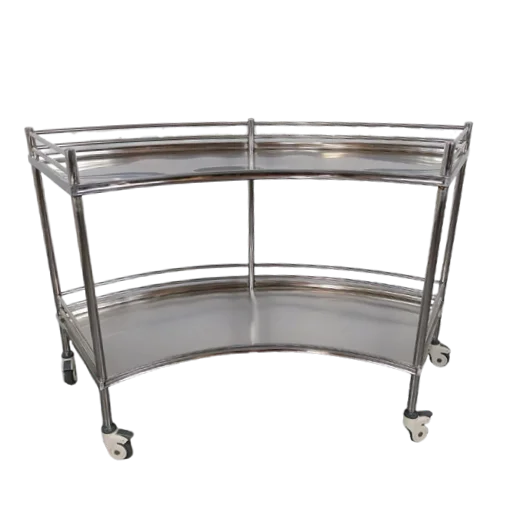 Stainless steel medical trolley with wheels, featuring two shelves and curved design, on a white background.