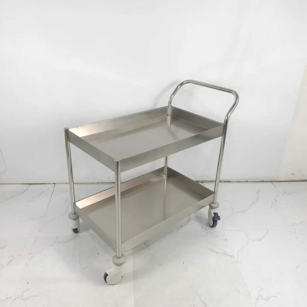 Stainless steel utility cart with two shelves and wheels, designed for storage and mobility.