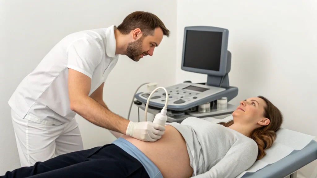 Healthcare professional performing an ultrasound scan on a pregnant patient's abdomen using sonography equipment.