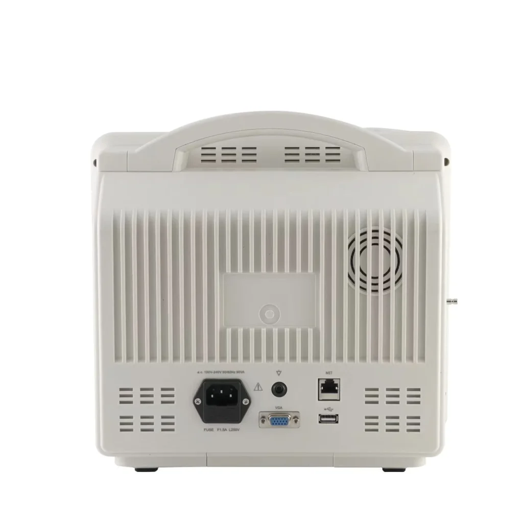 Back panel of an electronic device showing power input, VGA port, USB port, and network connection slot.