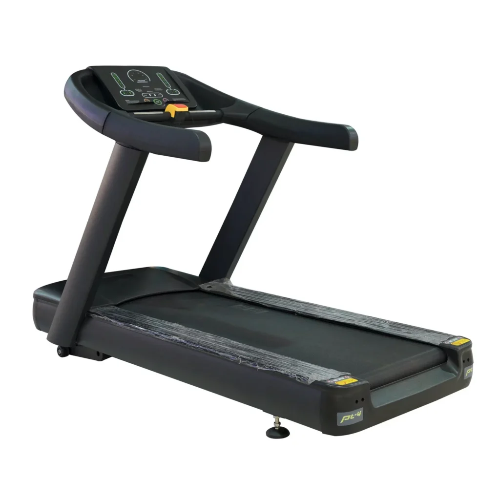 Black treadmill featuring a sleek design and digital display for tracking workouts, against a plain white background.