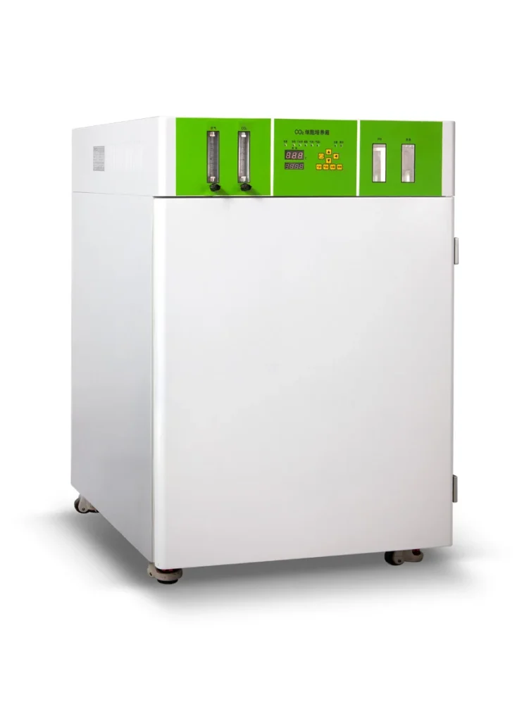 White CO2 incubator with green control panel, featuring dials and digital display, on caster wheels.