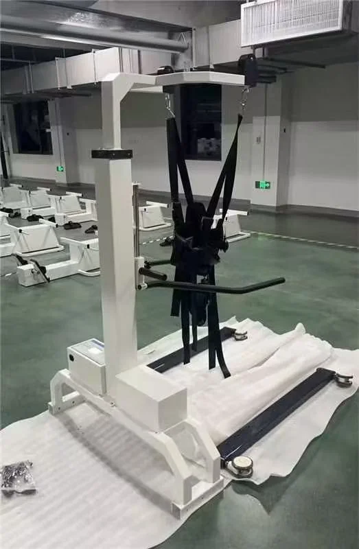 Hospital exercise equipment with straps and support bars in a clinical setting.