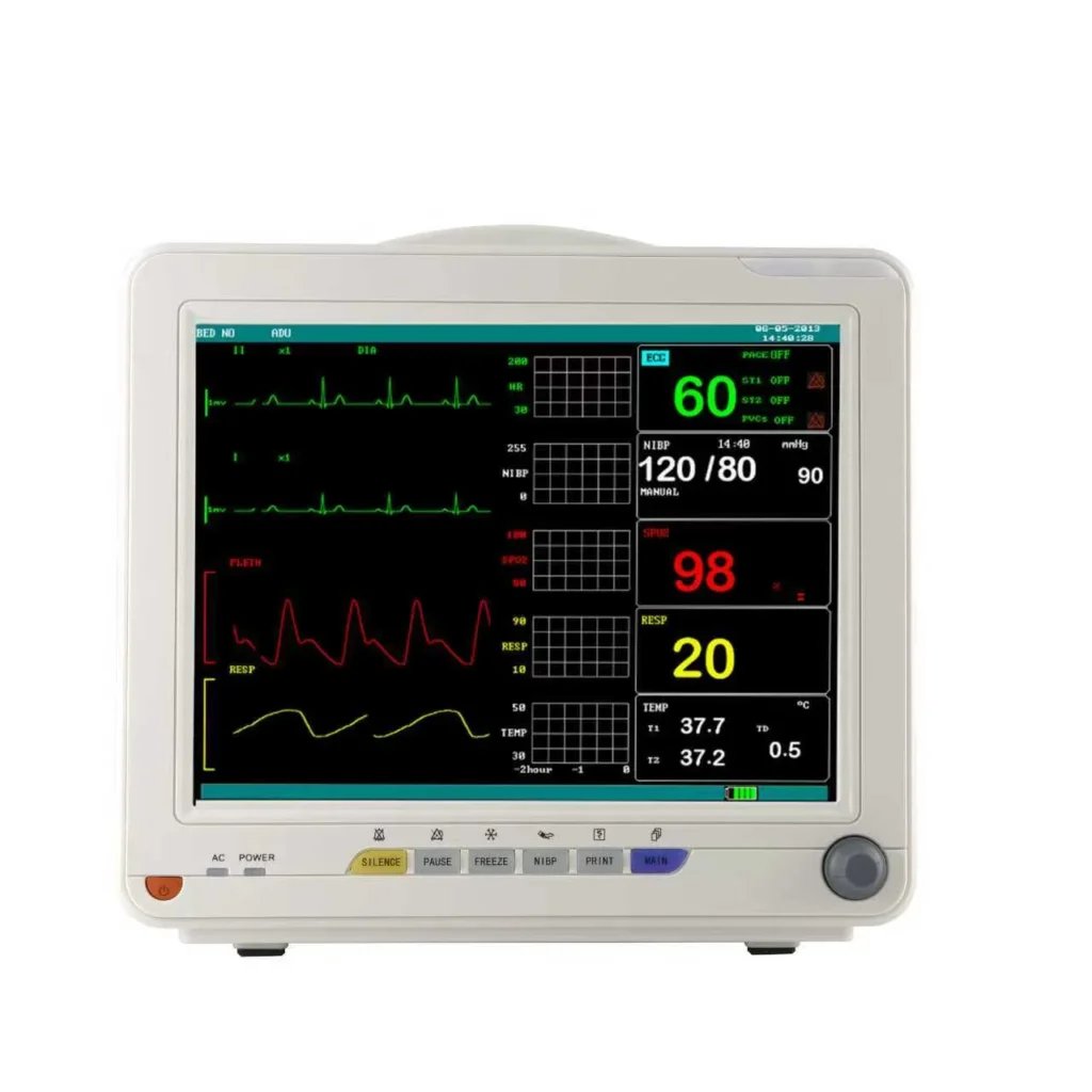 Medical patient monitor displaying vital signs such as heart rate, blood pressure, and respiration. Screen shows digital graphs and numerical data.