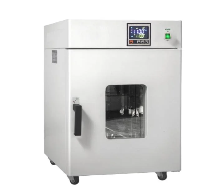 White laboratory incubator with a digital display and control panel at the top, featuring a glass window on the front door.