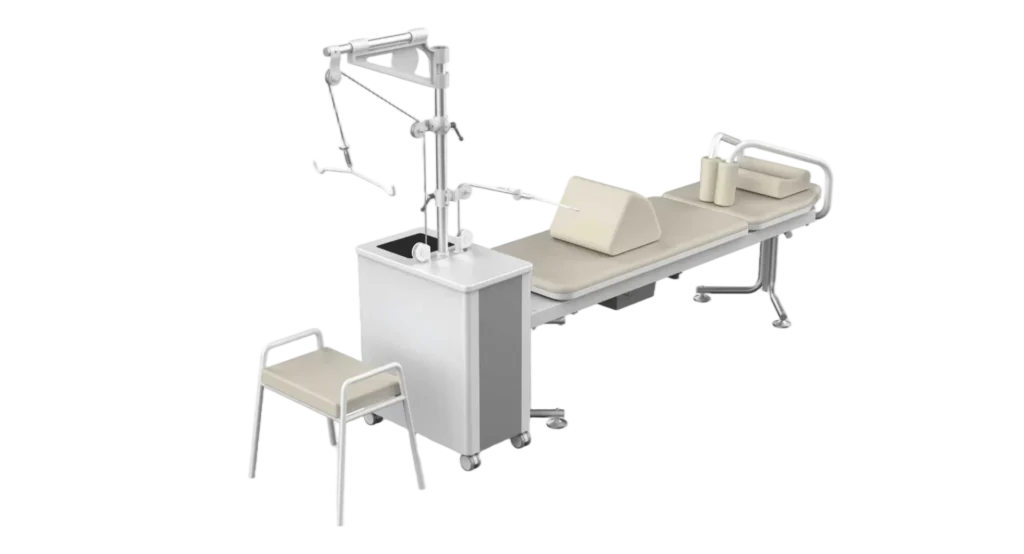 Modern medical examination chair with attached equipment, chair and extended seat, used for patient assessments in healthcare settings.