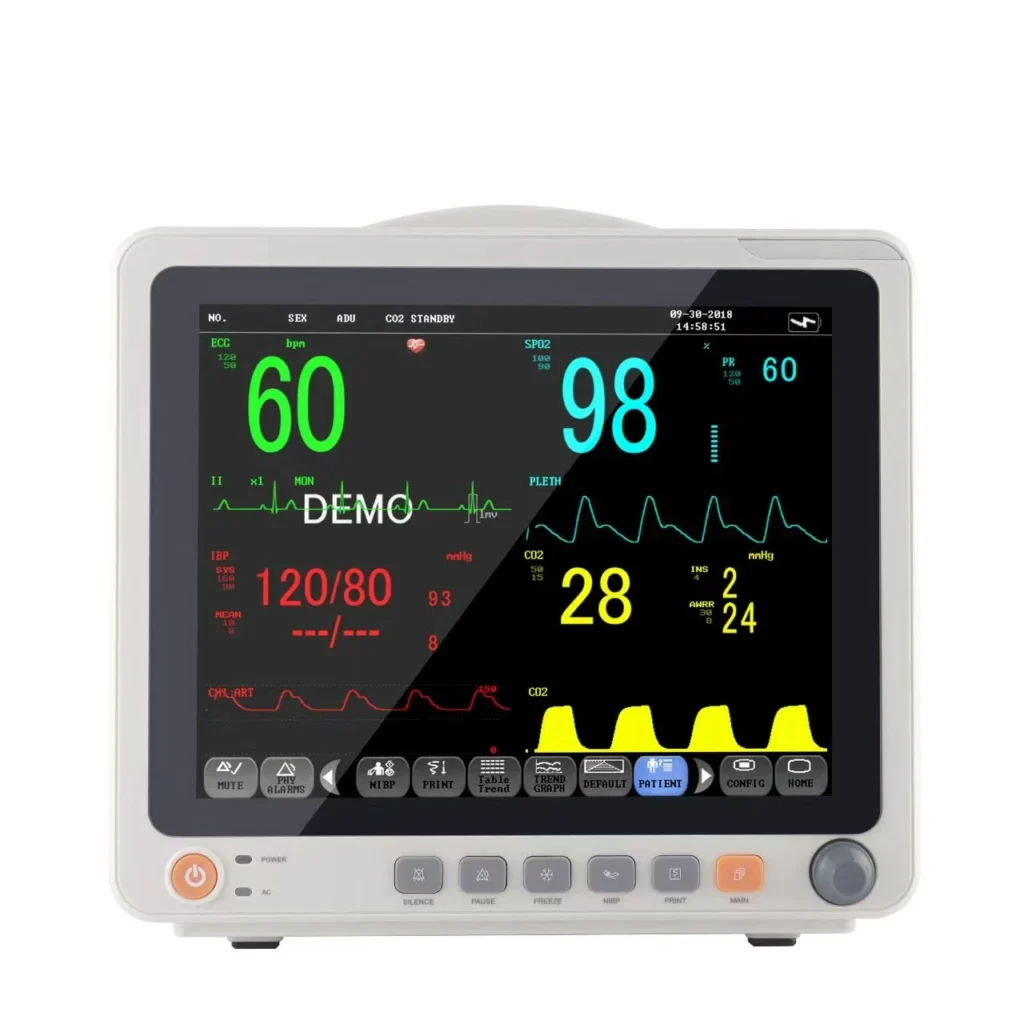 Medical monitor showing various vital signs including heart rate, blood pressure, and blood oxygen levels. Demo settings displayed.