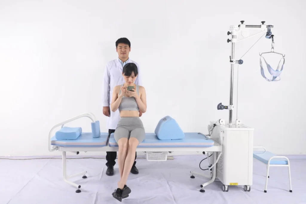 A person seated on a rehabilitation table with a medical professional standing behind; various support equipment visible.