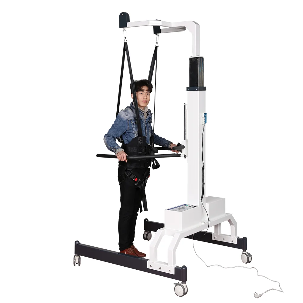A medical standing support device with harness for rehabilitation purposes, featuring a sturdy base and wheels for mobility.