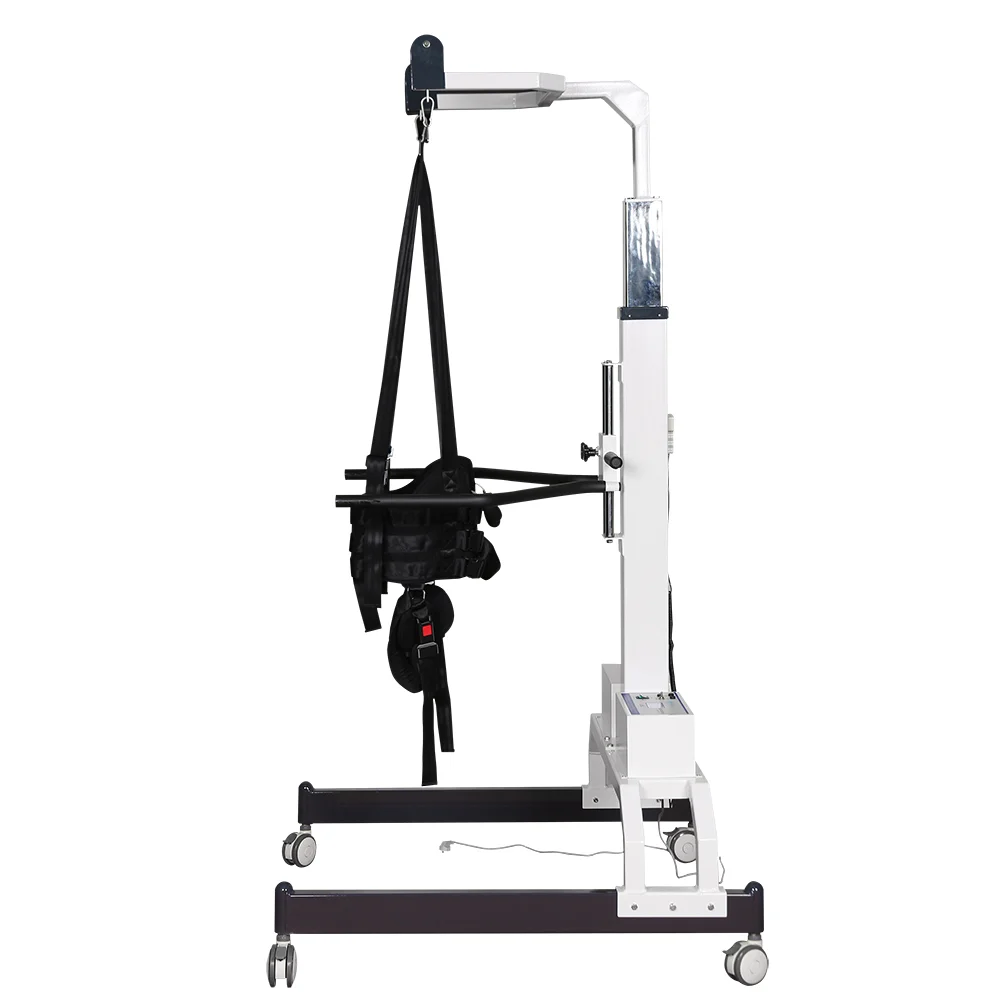 Patient transfer lift featuring a sturdy frame and hoist with harness for mobility assistance.