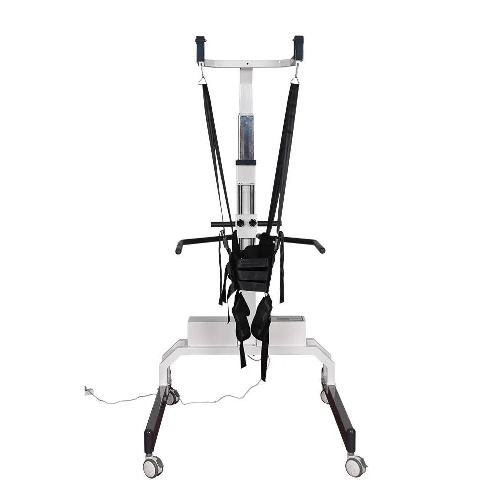 Standing frame used in physical therapy featuring harnesses and support straps, mounted on a wheeled base.