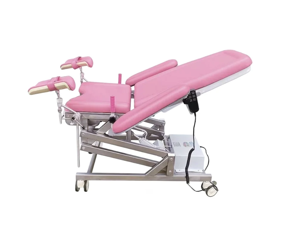 Pink adjustable medical examination chair on wheels with footrests and remote control, designed for medical use.