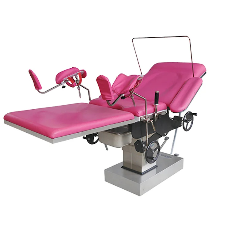 Pink medical examination chair with adjustable features and leg supports, designed for clinics and healthcare facilities.