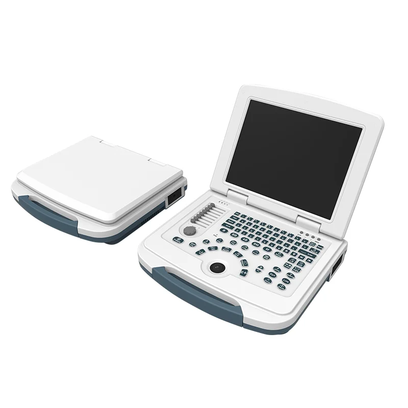 Portable ultrasound machine showing both open and closed positions with keyboard and display.