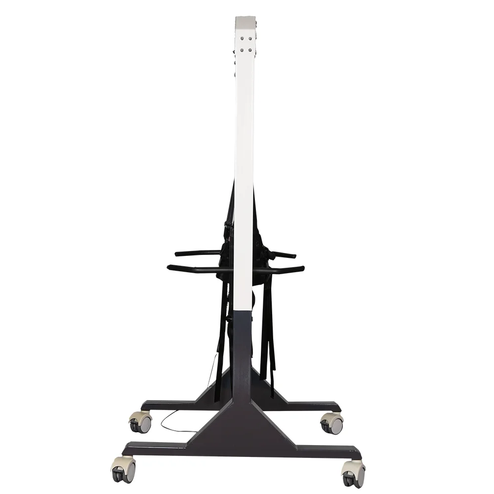 Side view of a vertical lift system with a sturdy metal frame and caster wheels for mobility.