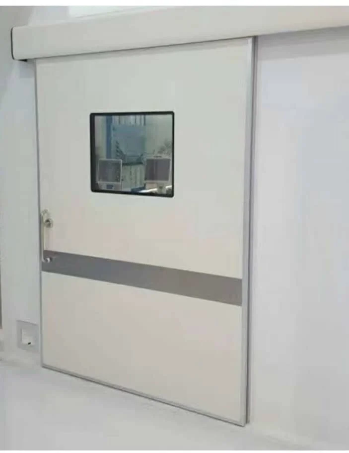 White metal security door with a small glass window panel, featuring a silver horizontal strip across its middle section, in a white indoor setting.