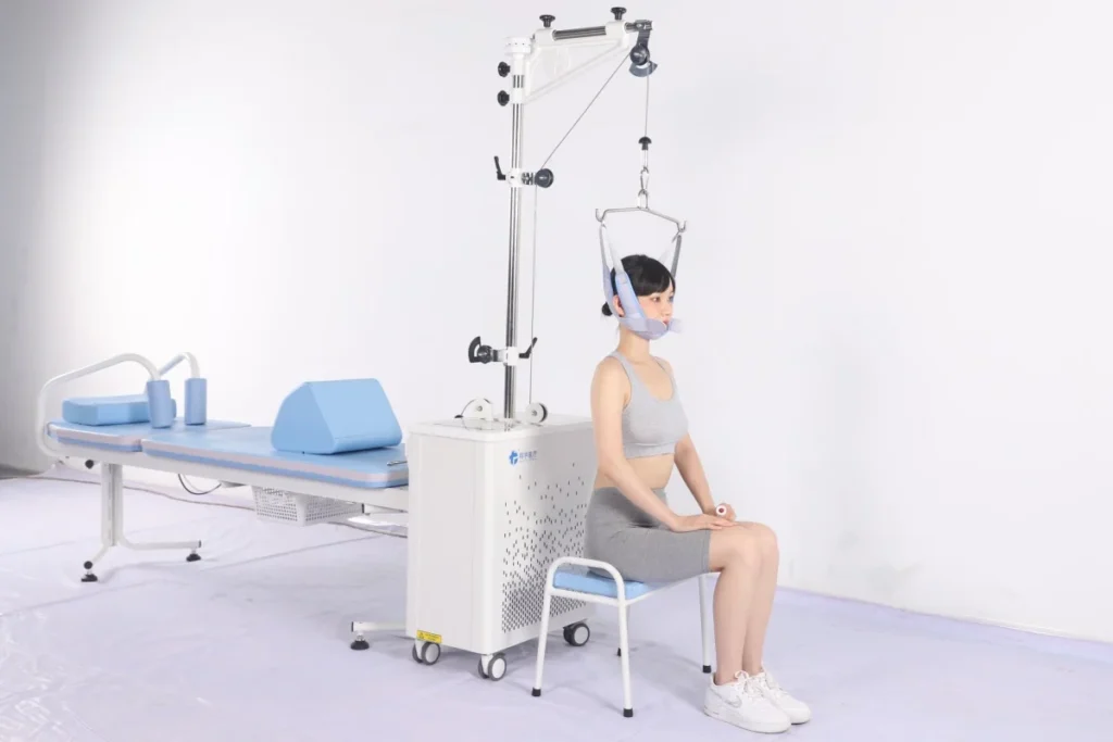 Woman sitting on a stool using a neck traction device with a medical bed in the background.