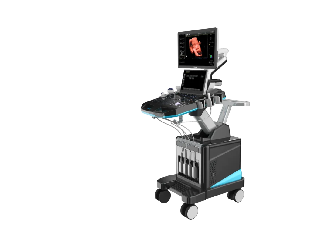 A modern 3D ultrasound machine featuring a monitor displaying a 3D image of a fetus, equipped with multiple probes and a mobile base.