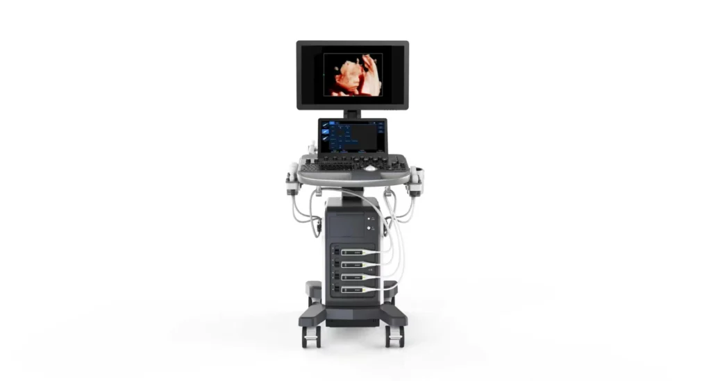 3D ultrasound machine with monitor displaying fetal imaging, equipped with control panel, probes, and a sleek design on a white background.
