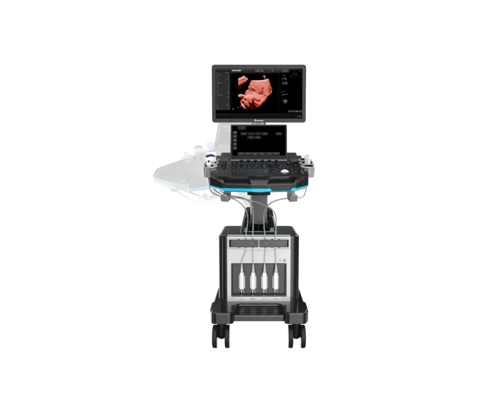 Advanced medical ultrasound machine with monitor displaying 3D fetal imaging and multiple probes attached, used for diagnostic purposes.
